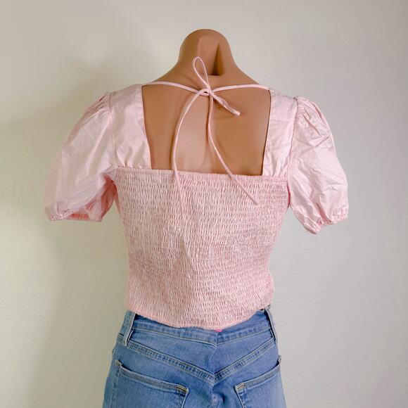 ASTR Milkmaid Fairy Cottagecore Puff Sleeve Smocked Poplin Crop Top Pink S NWT - Picture 5 of 9